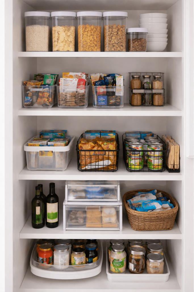 despensa pequeña organizada con organizadores transparentes y cestas