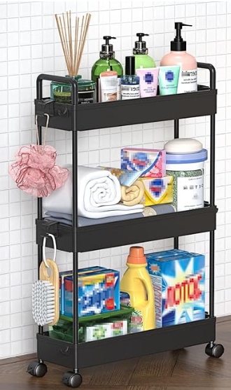 Carros de limpieza estrechos para organizar productos de limpieza en pisos pequeños